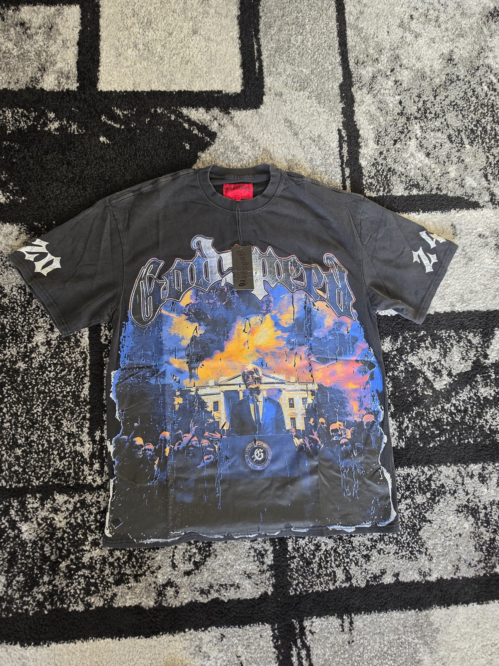 Black Graphic Short Sleeve Tee with Blue and Orange Front Print